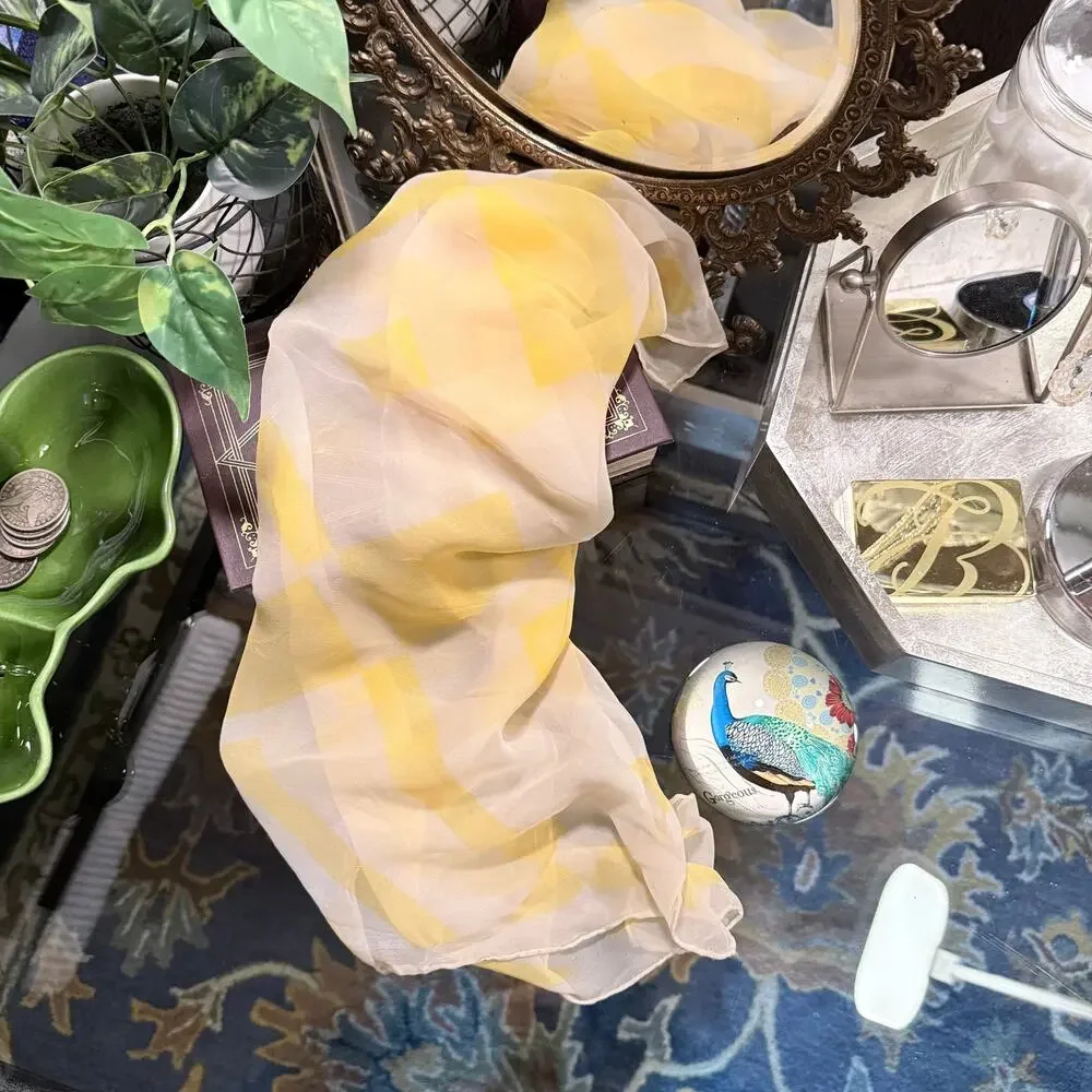 Vintage 70s Sheer Chiffon Scarf - 26” Square - Yellow & White Geometric Grid